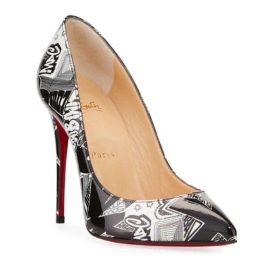 Christian Louboutin graffiti black with white heels